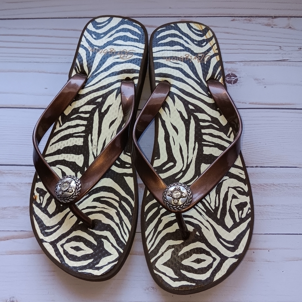 Brighton Brown Zebra Stripe Print Wedge Sandal Flip Flops Sz. 8.5/9 - Picture 1 of 9